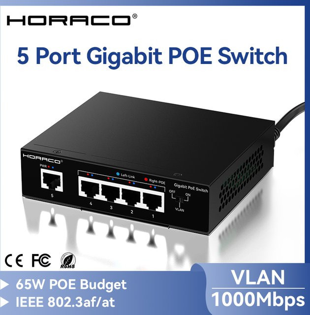 HORACO 5-Port Gigabit PoE Switch 1000Mbps Aktiver Netzwerk-Switch für IP-Kameras und Überwachung, Schwarz - Bild 1