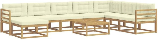 vidaXL Outdoor-Sofagarnitur aus massivem Akazienholz in L-Form, 9-teiliges Set in Weiß und Beige mit Polsterkissen - Bild 1