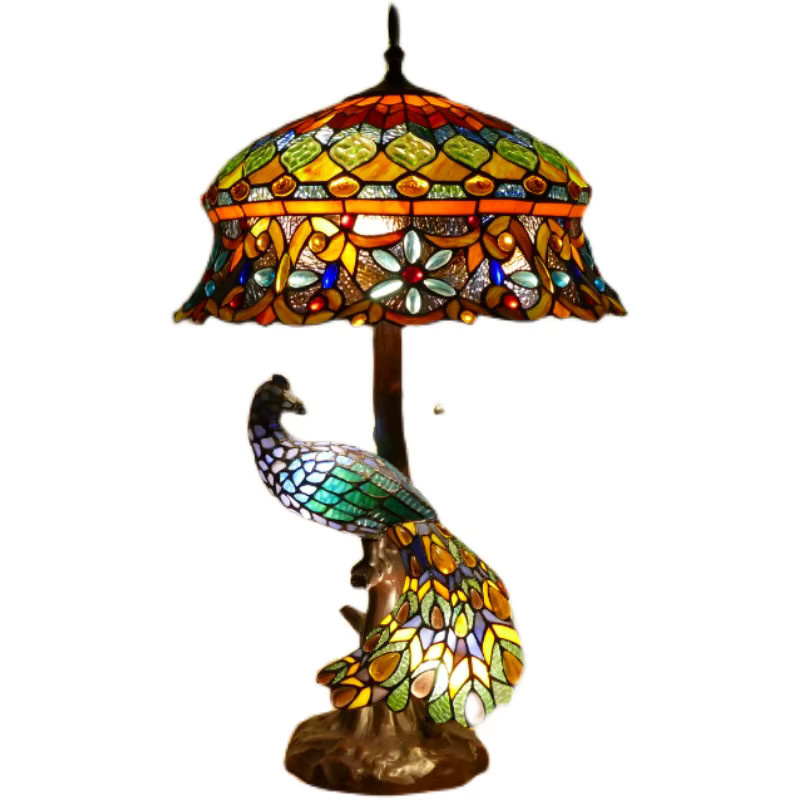 YUENSLIGHTING Tiffany American Retro Peacock Stehlampe mit handgefertigtem buntem Glas Lotus-Lampenschirm für Wohnzimmer und Arbeitszimmer - Bild 3
