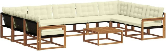 vidaXL Outdoor-Sofagarnitur in U-Form aus massivem Akazienholz mit Textilene und Kissen, 10-teiliges Set, Natur und Creme - Bild 1