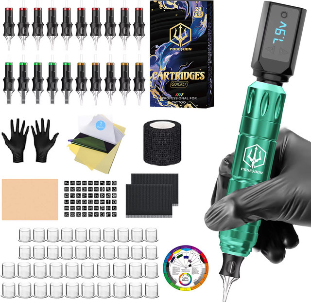 POSEIDON Tattoo-Set V5, Grünes Permanent-Make-up Set mit Tattoo-Pen, Tattoo-Maschine und kabellosem Stromversorgungsgerät - Bild 1
