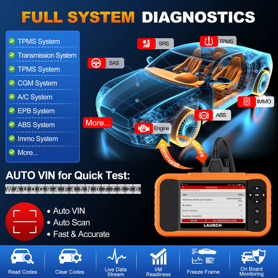 LAUNCH X431 Creader Elite 2.0 BBA OBD2 Auto-Diagnosegerät in Orange mit bidirektionalem Scan-Tool, ECU-Codierung und vollständigem Reset für BMW, Mercedes-Benz, VW, Audi, Maybach, Mini und Rolls-Royce - Bild 3