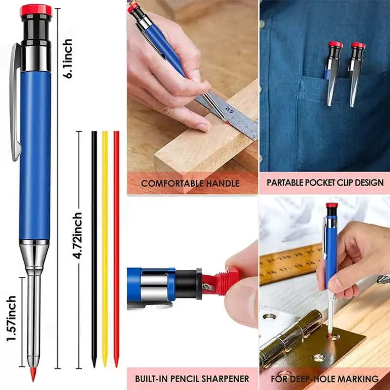 Massives Zimmermannsbleistift-Set aus Metall mit integriertem Anspitzer und Graphit-Nachfüllminen in Schwarz und Blau - Bild 4