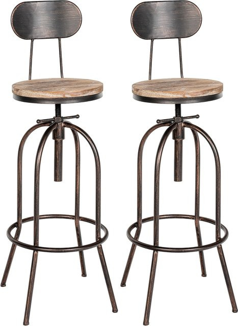CLP 2er Set Barhocker Pino in Braun mit Holzsitzen und Rückenlehnen, höhenverstellbare und drehbare Thekenhocker im Industrial Style aus Vollholz und Stahl - Bild 1