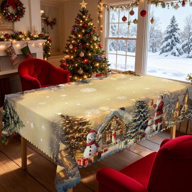 Beau Maison Weihnachts-Tischdecke im Vintage-Bauernhaus-Stil mit Weihnachtsmann, Rentier und Weihnachtsbaum, wasserabweisend, mehrfarbig, B: 140 cm, T: 180 cm - Bild 1
