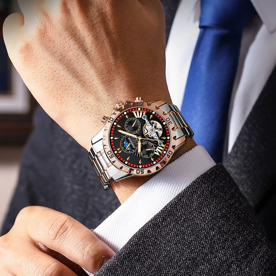 POEDAGAR Armbanduhr Automatik, Edelstahl, Tourbillon, Herren, Schwarz - Bild 5