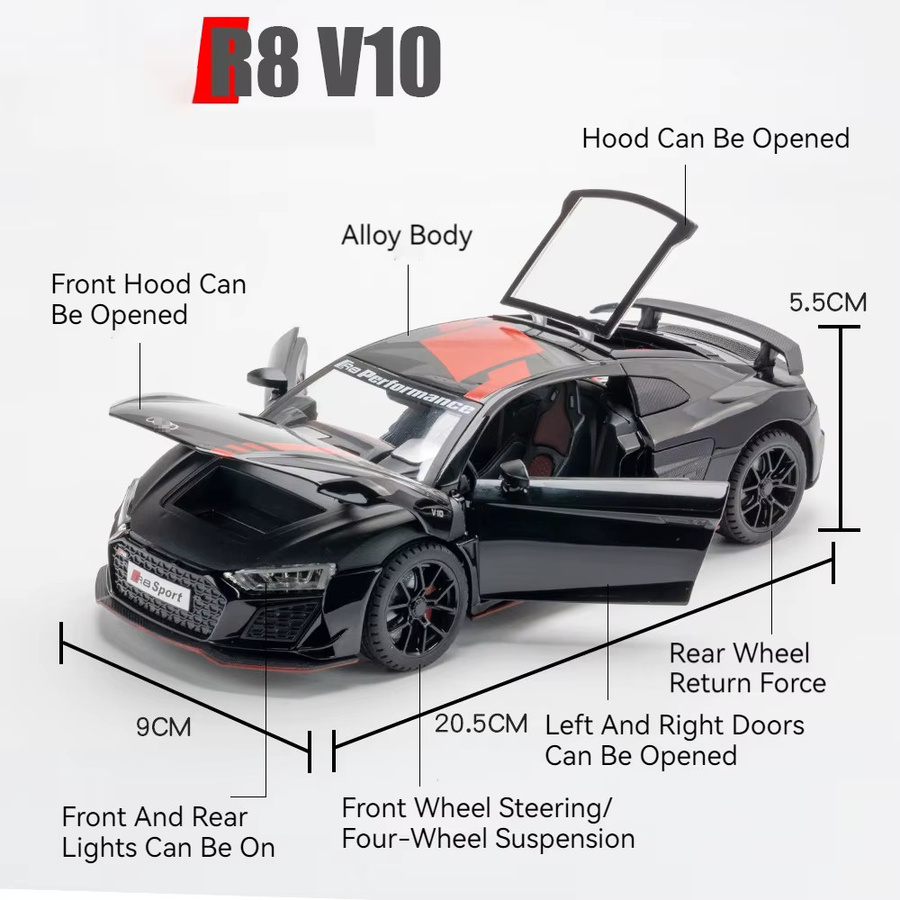 RMZ city R8 V10 A8 Sportwagen Modell, Maßstab 1:24, Metall, mit Licht und Sound - Bild 2