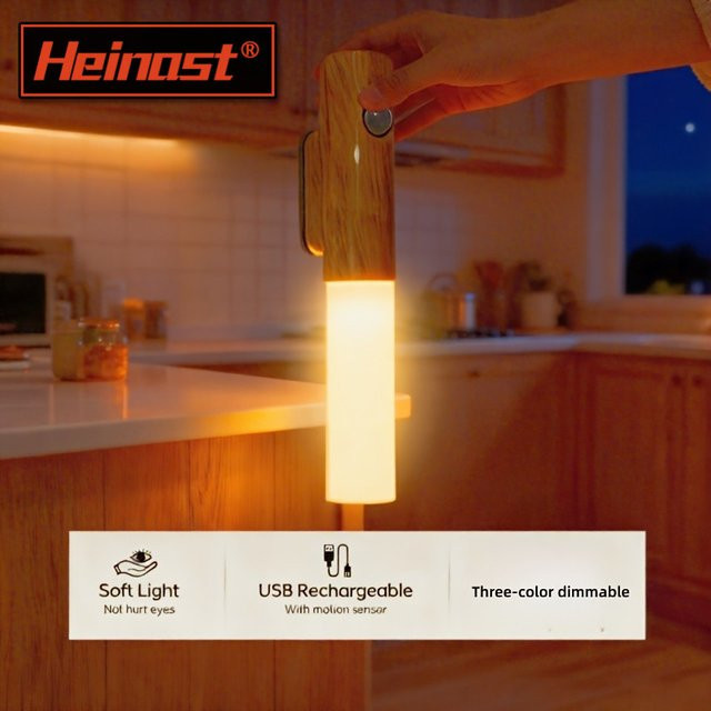 Heinast LED Nachtlicht mit Bewegungssensor in Holzoptik, wiederaufladbare magnetische Wandleuchte für Schlafzimmer und Flur, Warmweiß - Bild 1