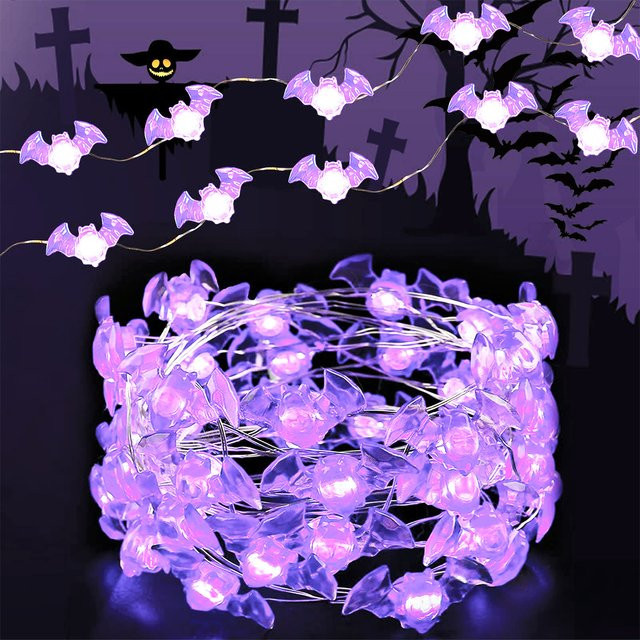 Peach Forest LED Halloween Fledermaus Lichterkette aus Kupferdraht in Lila für Party und Schlafzimmer, batteriebetrieben - Bild 1