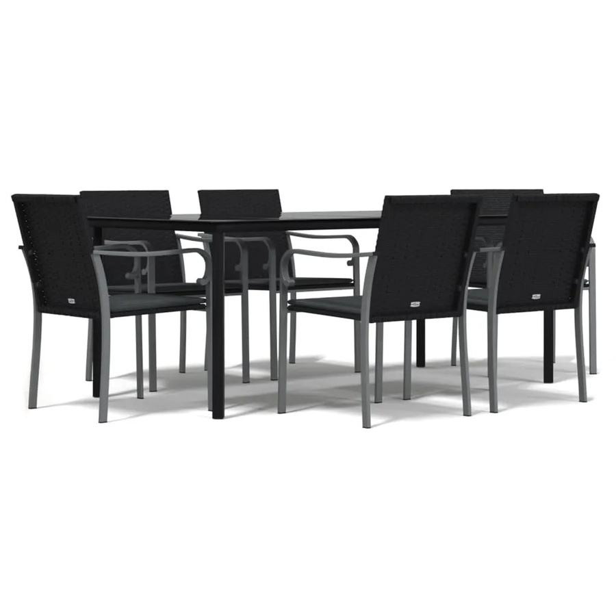 vidaXL 7-teilige Garten-Essgruppe aus Poly Rattan und Stahl mit Kissen und Glastisch in Schwarz und Dunkelgrau - Bild 2