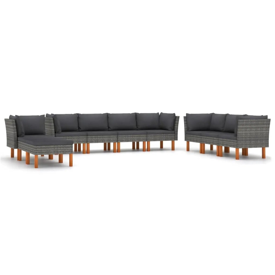 vidaXL 10-tlg Garten-Lounge-Set in U-Form aus Poly-Rattan und Eukalyptusholz in Grau mit Polstern - Bild 2