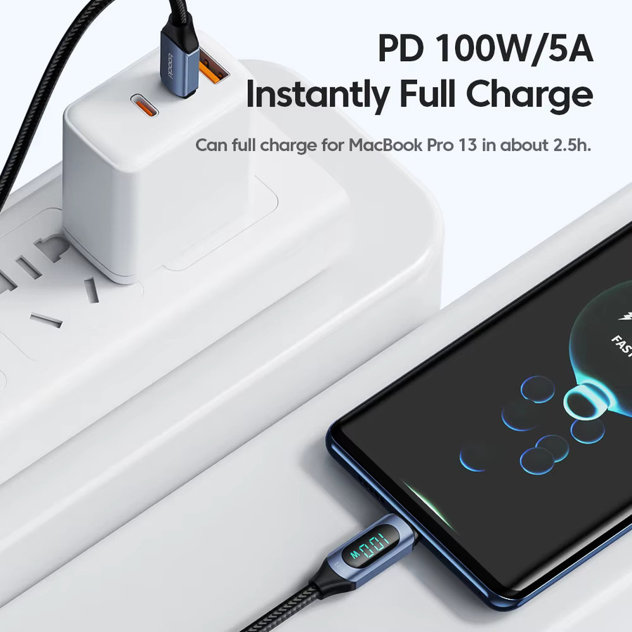 Toocki USB-C auf USB-C Ladekabel mit 100W PD Schnellladefunktion und Display in Blau - Bild 3