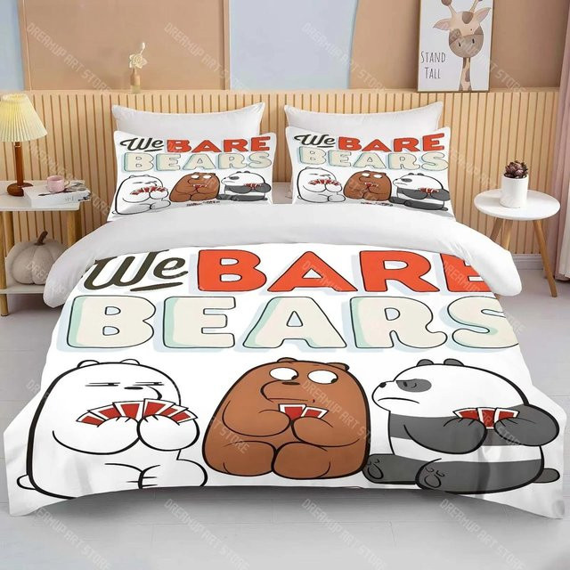 LjqEleven Bettwäsche-Set mit Bärenmotiv in Beige und Weiß, 3D-Druck Cartoon-Anime Design, bestehend aus Bettbezug und Kissenbezug, Breite: 135 cm, Länge: 200 cm - Bild 1