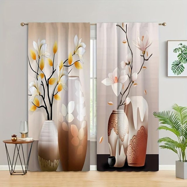 2er-Set dekorative Vorhänge mit floralem Muster in Multicolour, halbtransparent, Polyester, B/H: 100 x 130 cm - Bild 1