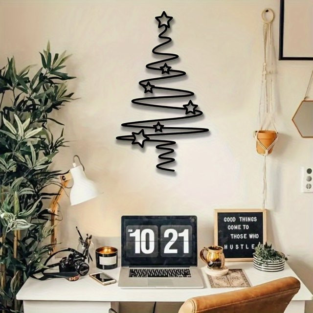 CIFBUY 2D-Weihnachtsbaum-Wandskulptur aus Metall in Schwarz mit floralem Design und Sternen zur Dekoration für Innen und Außen - Bild 1
