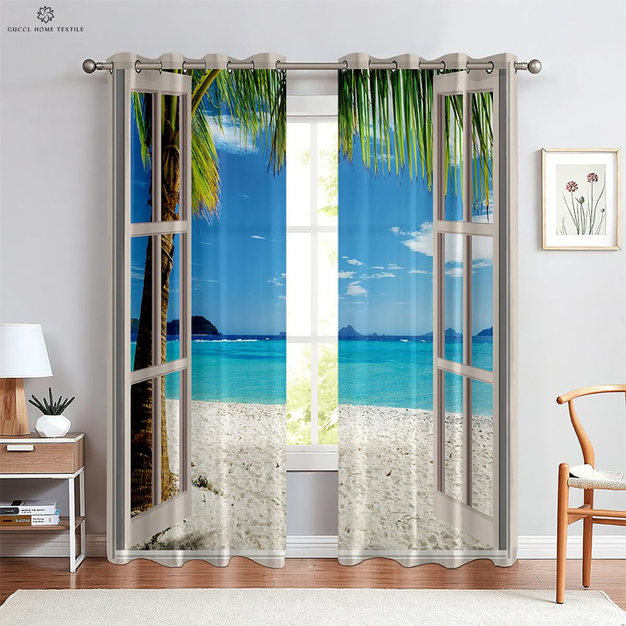 Yiran Furniture 3D-Druck Vorhänge Küstenlandschaft mit blauem Himmel, 2er-Set, Farbe: Blau/Mehrfarbig, B: 50 cm, H: 130 cm, Material: Polyester, halbtransparent mit Ösen - Bild 1