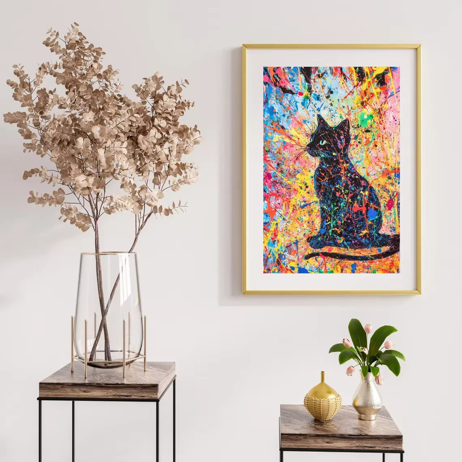 Abstraktes Katzenposter im Jackson Pollock Stil als bunte Wandkunst aus Papier, Mehrfarbig - Bild 3