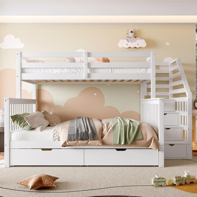 KOMHTOM Etagenbett aus Massivholz mit Treppe, 2 Schubladen und Lattenrost in Weiß, B/T/H: 90 x 200 cm und 140 x 200 cm - Bild 1