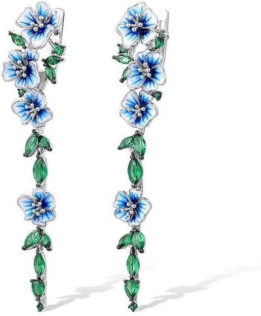Lange Ohrringe, Blatt-Smaragd-Emaille-Blume, blau, Damen - Bild 1