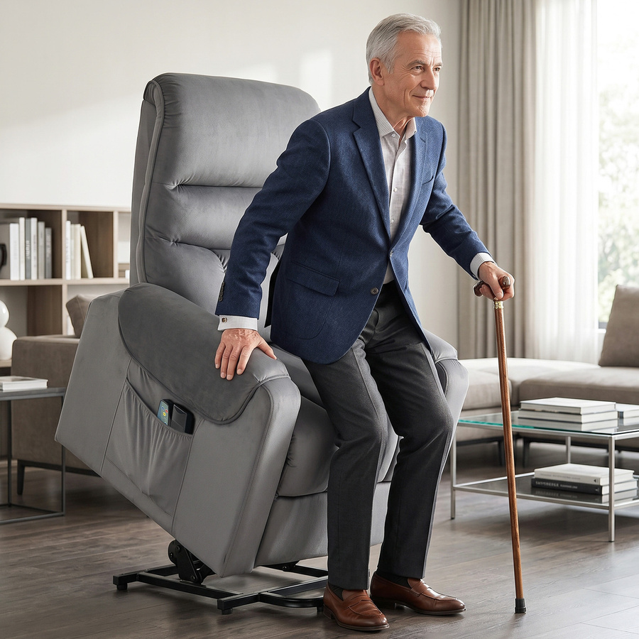 HOMCOM Elektrischer Aufstehsessel mit Vibrationsmassage und Wärme aus Velours in Dunkelgrau mit Fußstütze und Fernbedienung - Bild 2