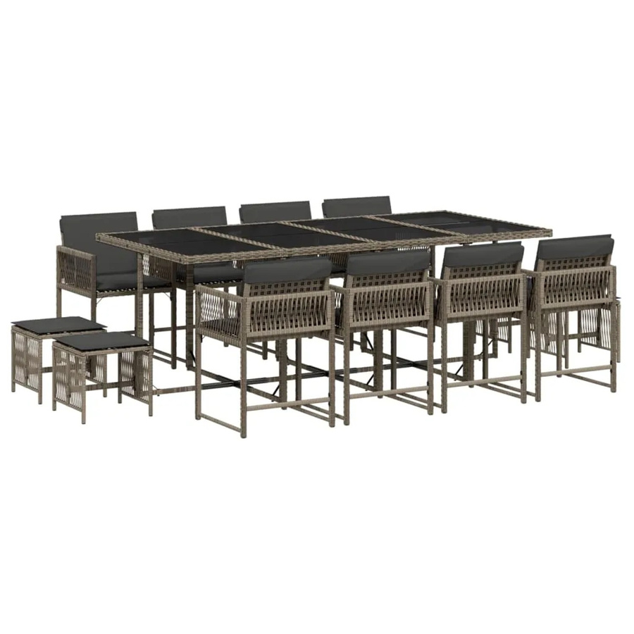 vidaXL 13-tlg Garten-Essgruppe aus Poly Rattan mit Kissen und Hartglas in Grau - Bild 2