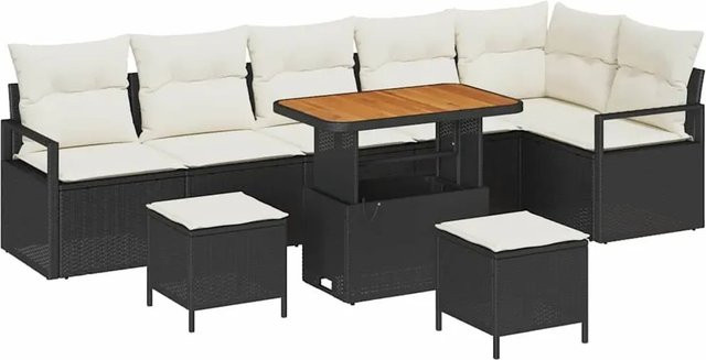 vidaXL Garten-Sofa-Set aus Poly-Rattan und Akazienholz in Schwarz mit 9-teiligem Set und Kissen in Schwarz-Creme - Bild 1
