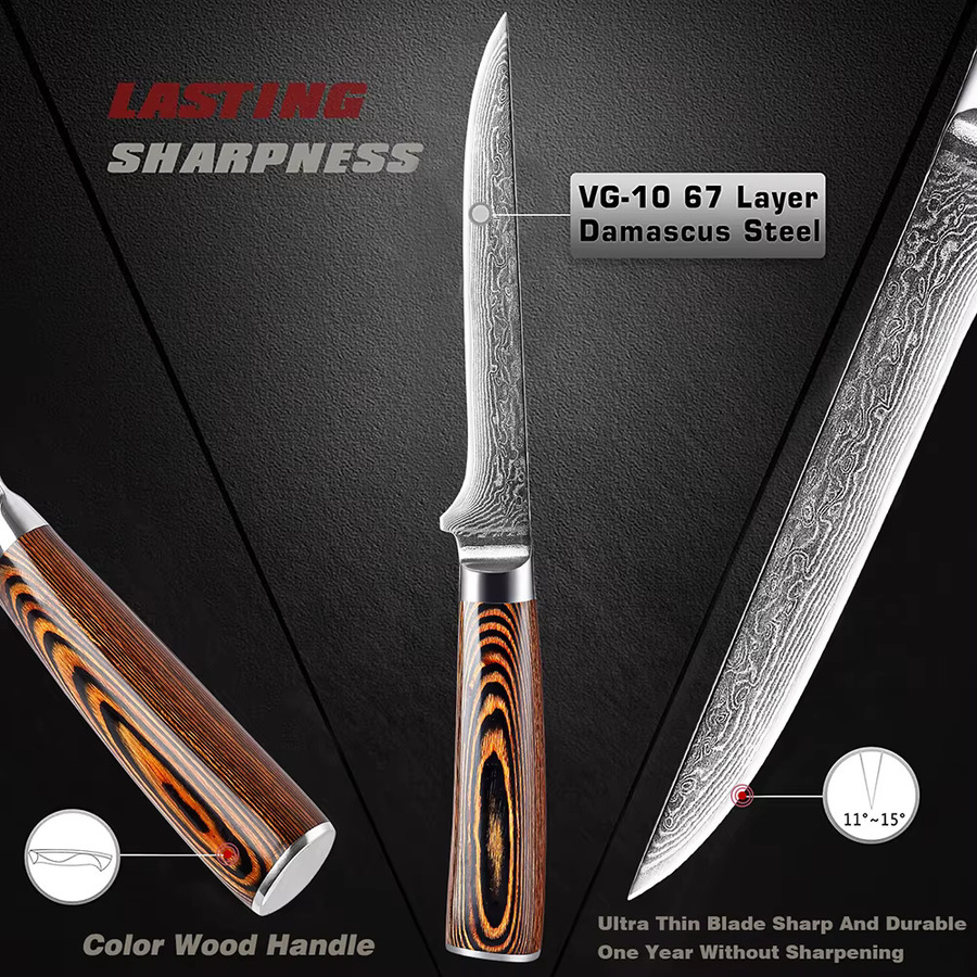 Xituo Damaskus Knochenmesser mit 67 Lagen VG10 Klinge und Holzgriff, 6 Zoll Full Tang Küchenmesser - Bild 4
