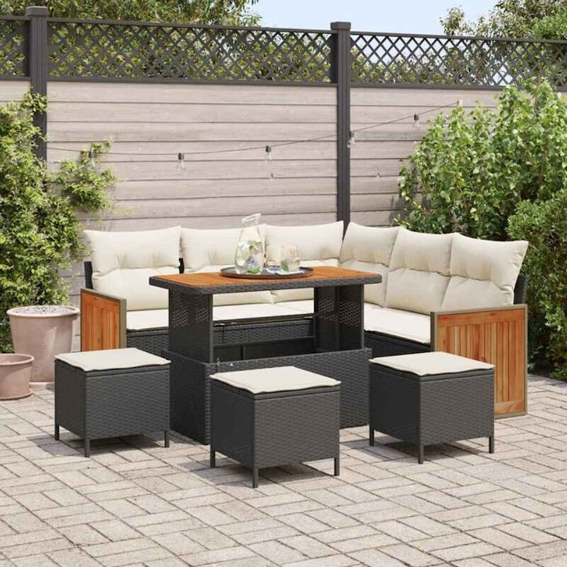 vidaXL Polyrattan Garten-Sofa-Set mit 8 Teilen in Schwarz und Creme, modernes Loungemöbel-Set modular mit Fußhocker, B/T/H: 110 x 55 x 71 cm - Bild 1
