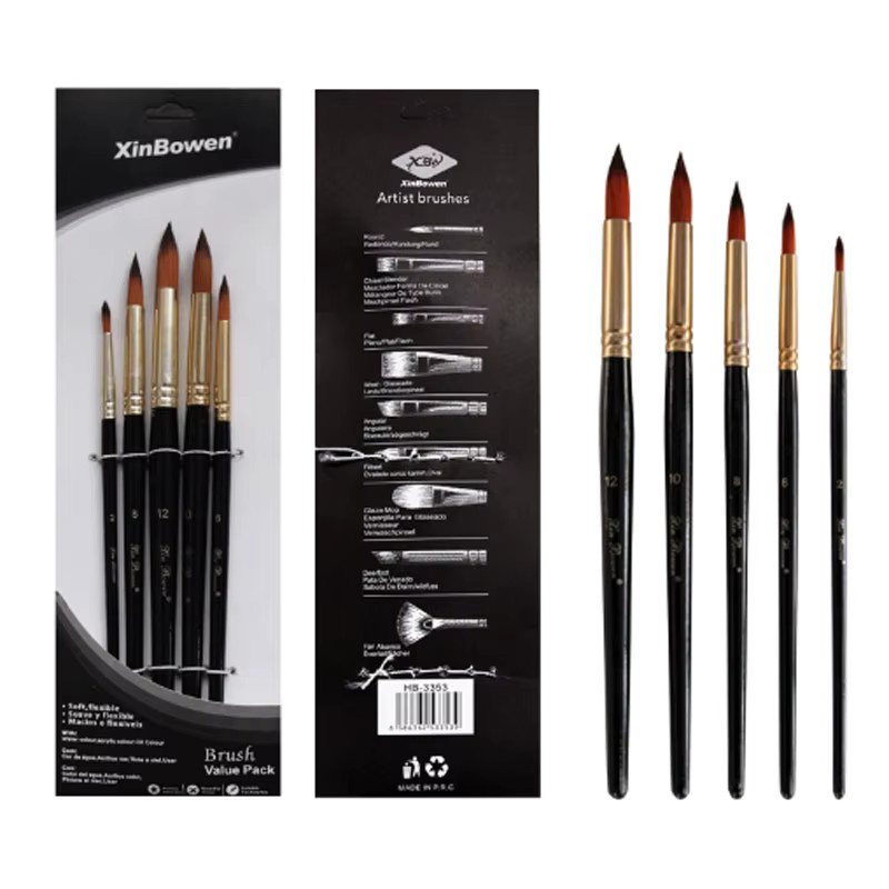 5er Set Nylon Haarpinsel für Künstler mit runden und flachen Pinseln für Acryl, Aquarell und Ölfarben - Bild 3
