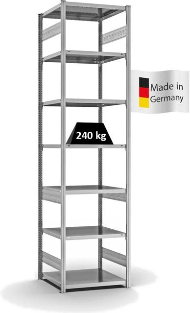 PROREGAL Fachbodenregal Stecksystem T-Profil Medium-Duty Grundregal, Farbe: Silber, verzinkt, H x B x T: 300 x 75 x 60 cm, 7 Ebenen, Fachlast 240 kg, beidseitig nutzbar - Bild 1