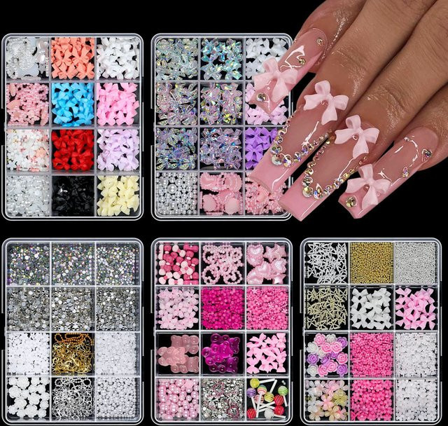 HotPress Nagel Charms Mixed Bowknot Perle Herz Blume Stern Mond, 12 Grids - Bild 1