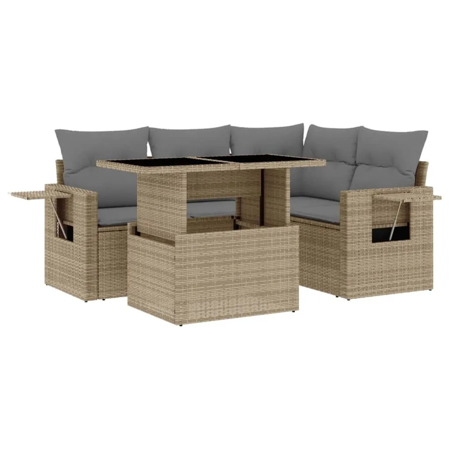 vidaXL 5-tlg Garten-Sofagarnitur in L-Form aus beigem Poly-Rattan mit Kissen und pulverbeschichtetem Stahlgestell - Bild 2