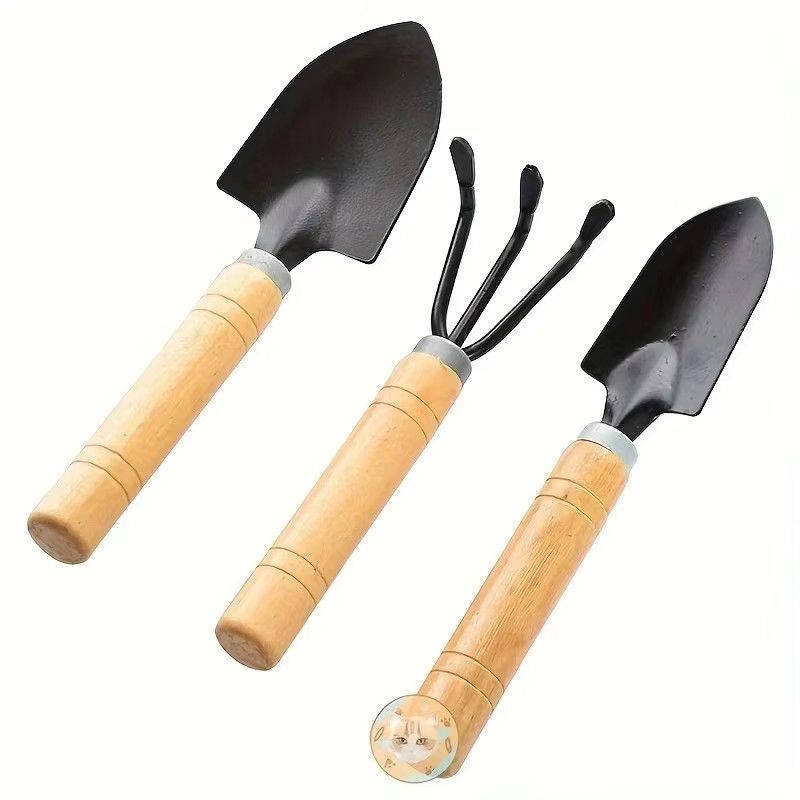 Dreiteiliges Mini-Gartenwerkzeug-Set mit Holzgriffen bestehend aus Schaufel und Rechen für Topfpflanzen - Bild 3