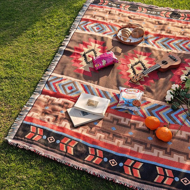 American Western Boho Picknickdecke und Outdoor-Teppich mit Quasten, rot/mehrfarbig, B/B: 180 x 180 cm - Bild 1