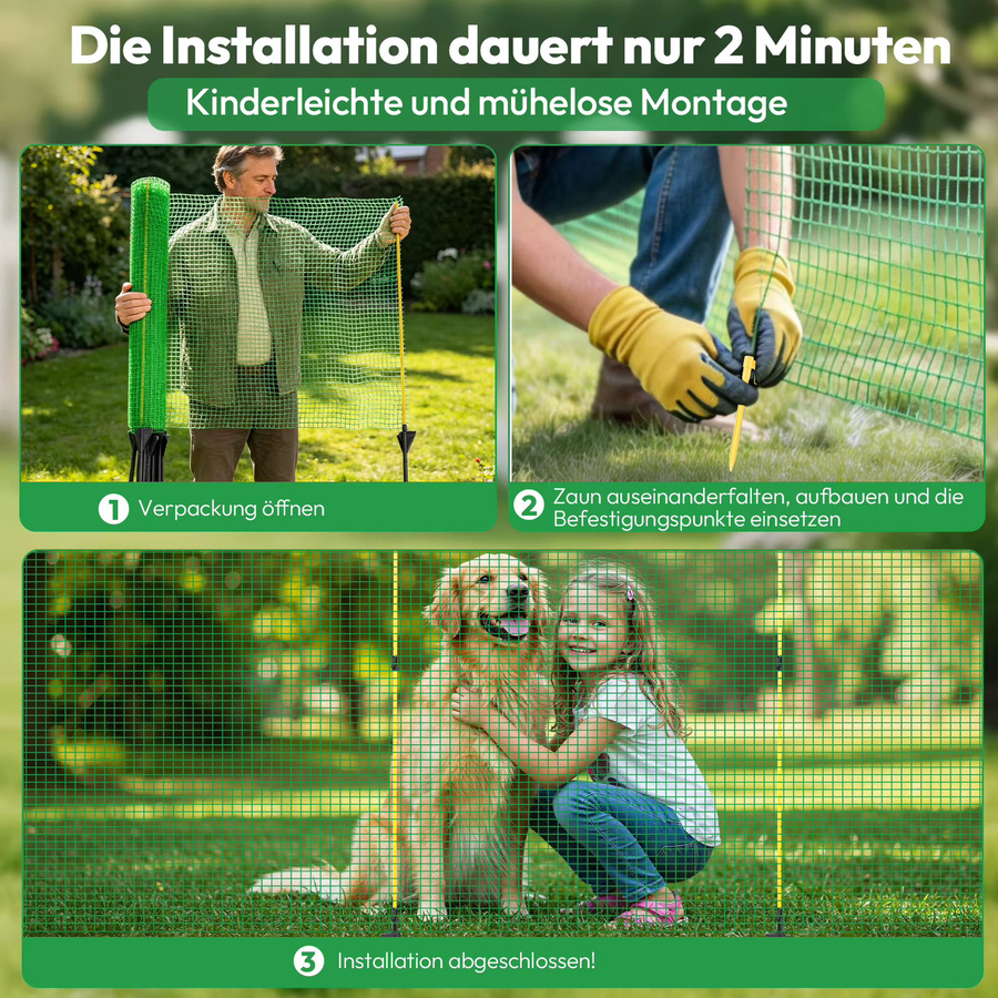 Temporärer Zaun-Bausatz mit Erdnägeln, grüner Maschenzaun aus Drahtgeflecht, Höhe: 90 cm - Bild 3