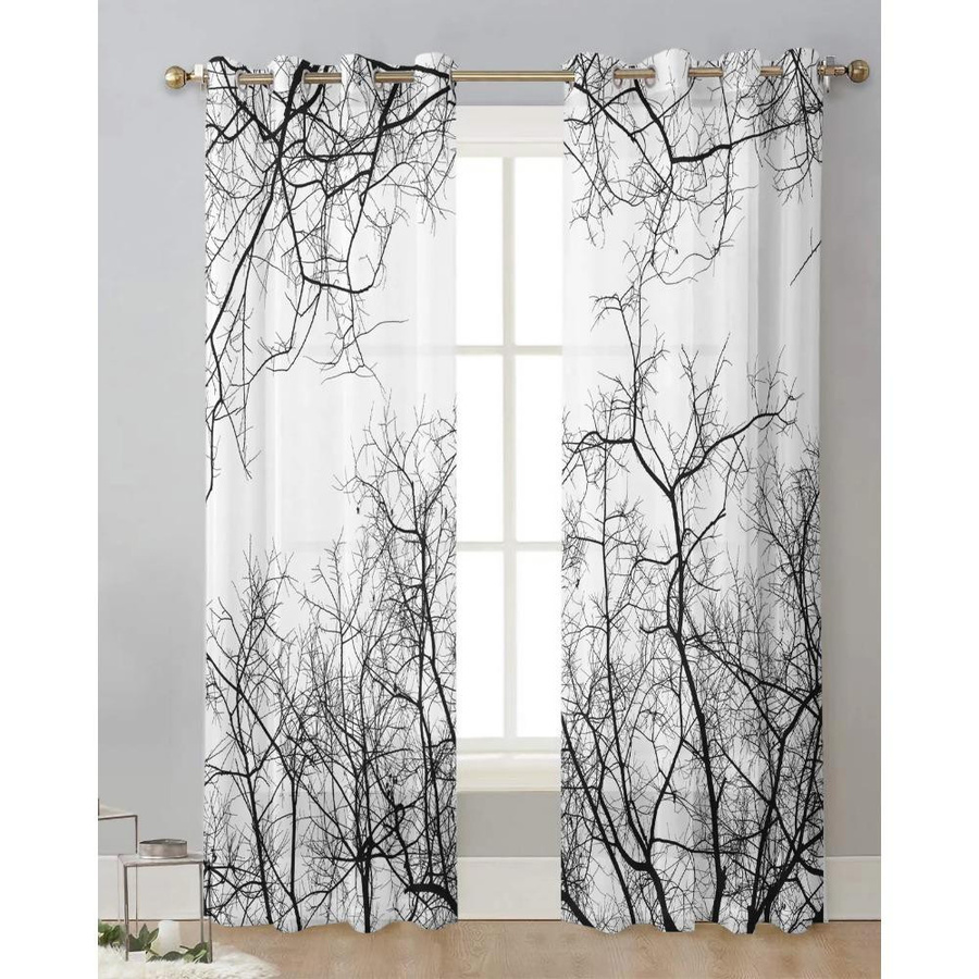 Yiran Furniture Transparentes Voile-Vorhang mit Schwarz-Weißem Zweig-Design, Tüll und Organza, B: 135 cm, H: 115 cm - Bild 1