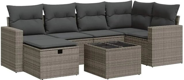 vidaXL 7-tlg. Garten-Sofagarnitur in L-Form aus Poly Rattan mit Kissen und Glastisch in Grau - Bild 1
