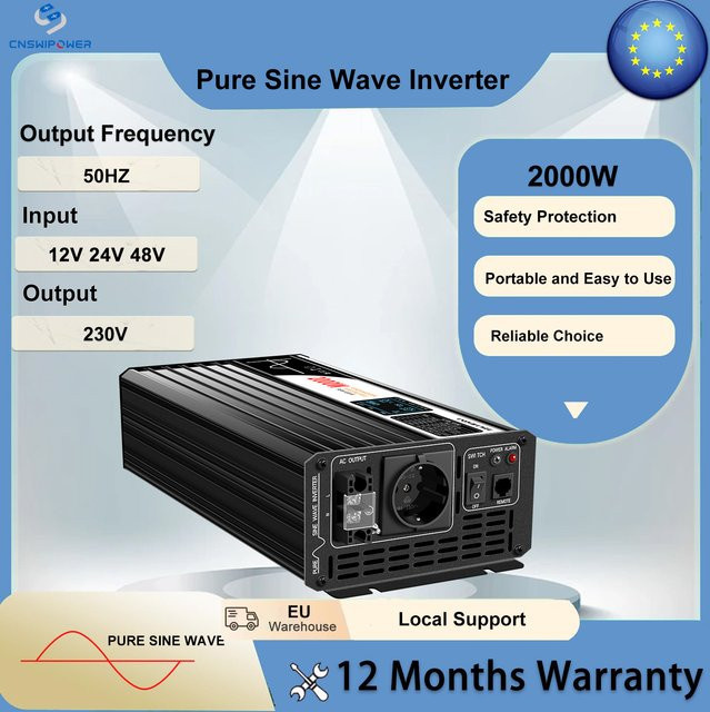 CNSWIPOWER Reiner Sinus-Wechselrichter 2000W Schwarz für 12V 24V 48V zu 230V ideal für Camping, Wohnmobil und Zuhause - Bild 1