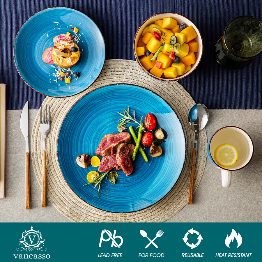 vancasso Bella Geschirrset aus Steinzeug, blau, 32-teiliges Dinner-Service mit Tellern, Desserttellern, Müslischalen und Bechern - Bild 2
