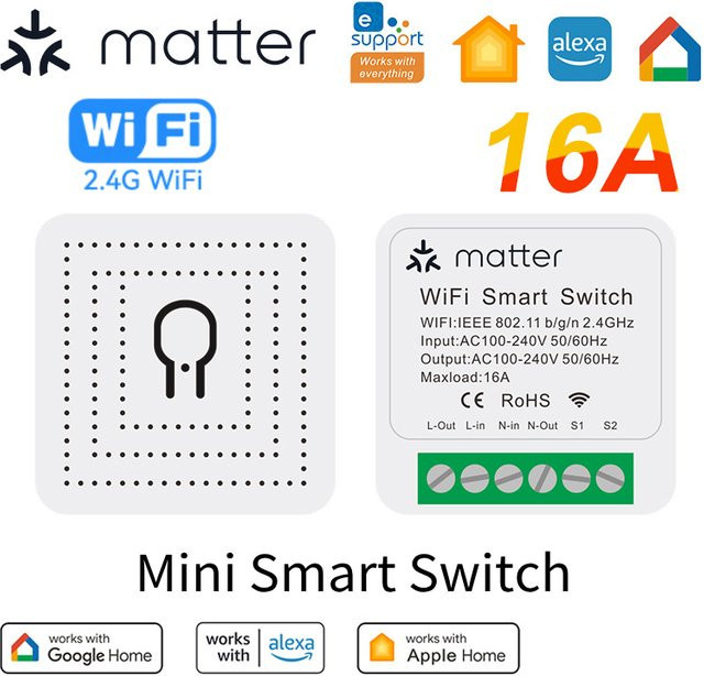 SZKOSTON Materie WiFi Smart Switch Ewelink App Mini Breaker 16A Relais Modul für Smart Home Automation, kompatibel mit Homekit, Alexa und Google, Weiß - Bild 1