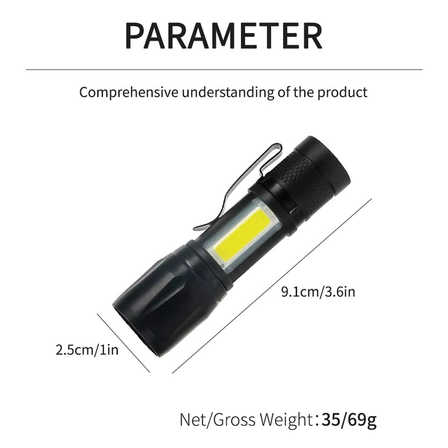 XIWANGFIRE Mini-LED-Taschenlampe mit COB und XPE, USB-aufladbar, schwarz, mit Zoom und Stiftclip - Bild 3