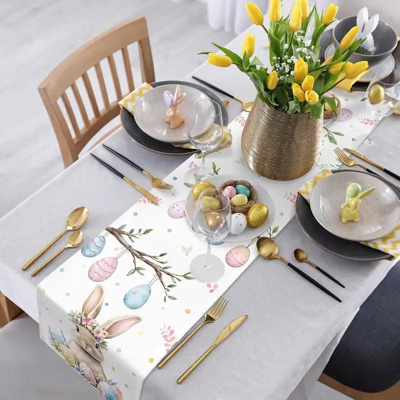 VIKAMA Osterhase Ei Tischdecke aus Leinen in Weiß, rustikale Frühlings-Dekoration für deinen Esstisch, rechteckig und maschinenwaschbar - Bild 4