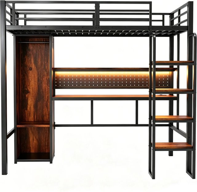 Merax Hochbett mit Schreibtisch und LED-Unterbettbeleuchtung in Schwarz, B/T/H: 90 x 200 x 208 cm - Bild 1