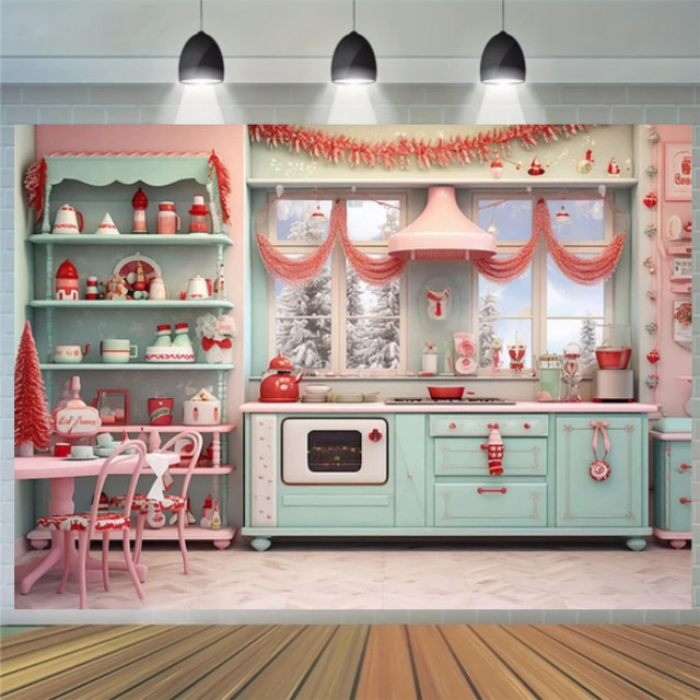Weihnachtlicher Fotohintergrund im Vintage-Stil mit blauem Küchenschrank und Weihnachtsbaum für deine Party-Fotografie - Bild 1