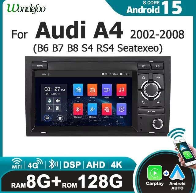 Wondefoo Android 15 Multimedia-Player mit 7 Zoll Bildschirm für Audi A4 B6 S4 B7 RS4 und Seat Exeo 2002-2008, Wireless Carplay, Bluetooth, WiFi und 4G, Schwarz, 2 DIN - Bild 1