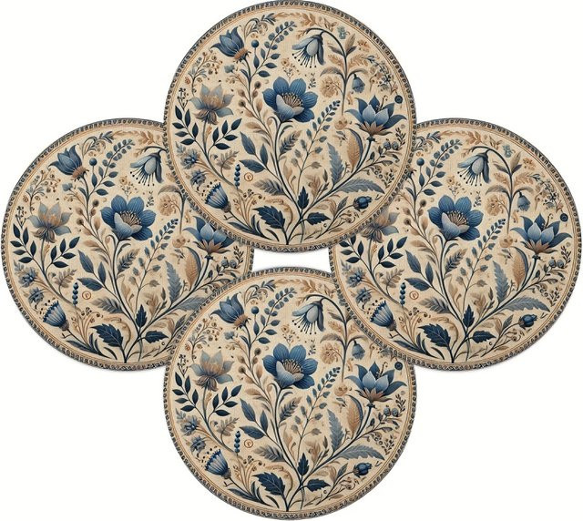 VIKAMA 4-teiliges rundes Tischset aus PVC in Französischblau mit Blumenmuster, wasserdicht, hitzebeständig und rutschfest - Bild 1
