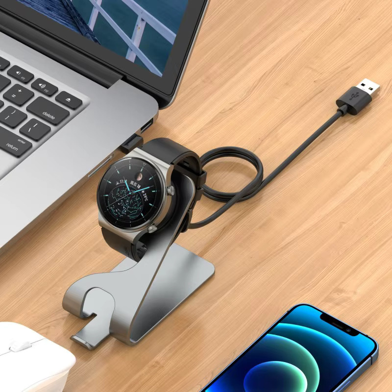 Metall-Ladestation für Huawei Watch D2, GT5 Pro, GT5 und Fit 5/Fit 4 in Silber mit USB-A Anschluss - Bild 2