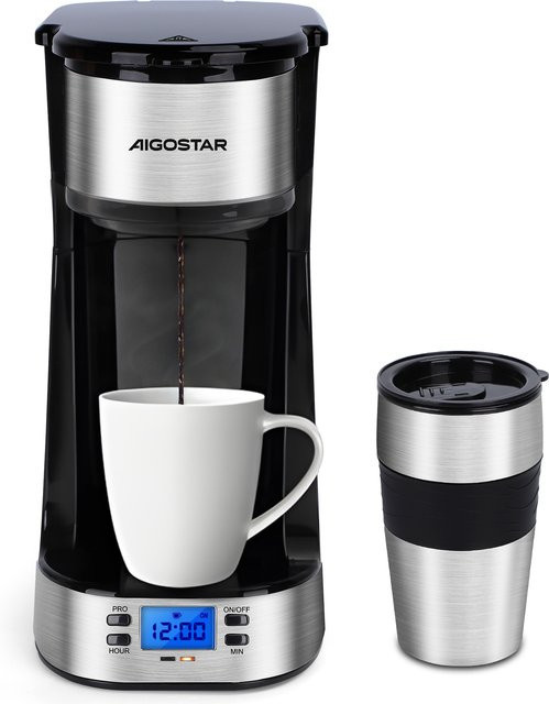 Aigostar Filterkaffeemaschine mit Thermobecher, 420 ml, Schwarz, mit 24h-Timer, LCD-Anzeige und AutoClean-Funktion - Bild 1