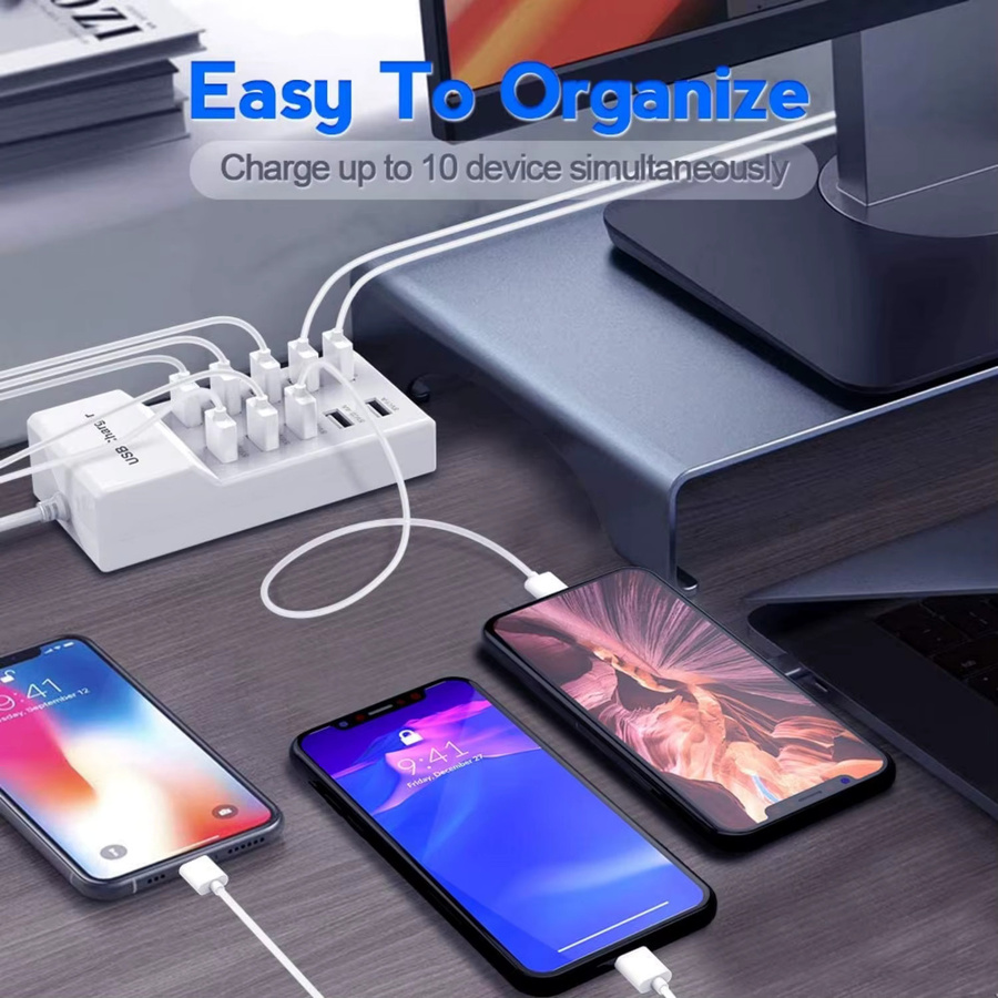 ILEPO USB-Ladestation mit 10 Ports und 50W Schnellladegerät inklusive USB-C Hub in Weiß für iPhone, Samsung, Xiaomi und Huawei sowie Tablets und weitere Multi-Geräte - Bild 2