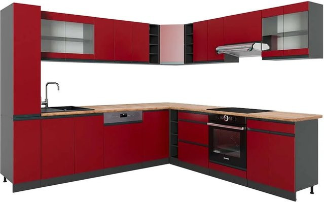 Vicco R-Line Eckküche J-Shape in Rot und Anthrazit mit Eiche-Optik, Breite: 257 cm, Tiefe: 277 cm - Bild 1